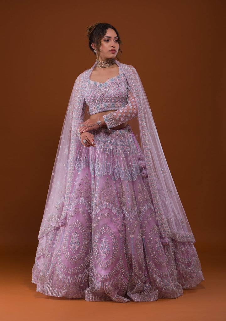 Lavender Silver Stonework Net Designer Lehenga-Koskii