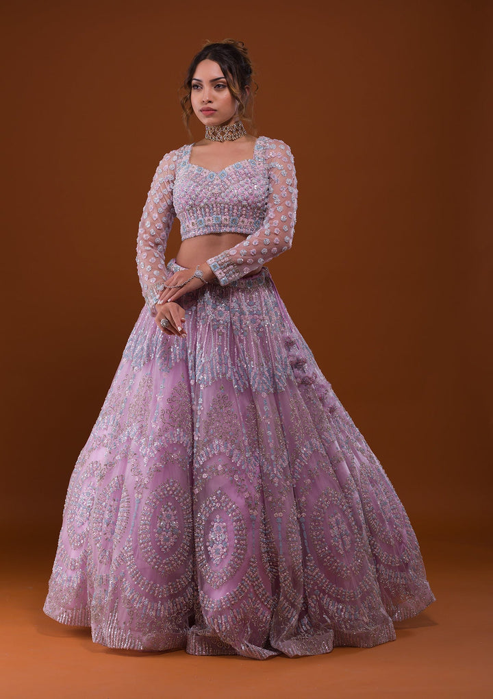 Lavender Silver Stonework Net Designer Lehenga-Koskii