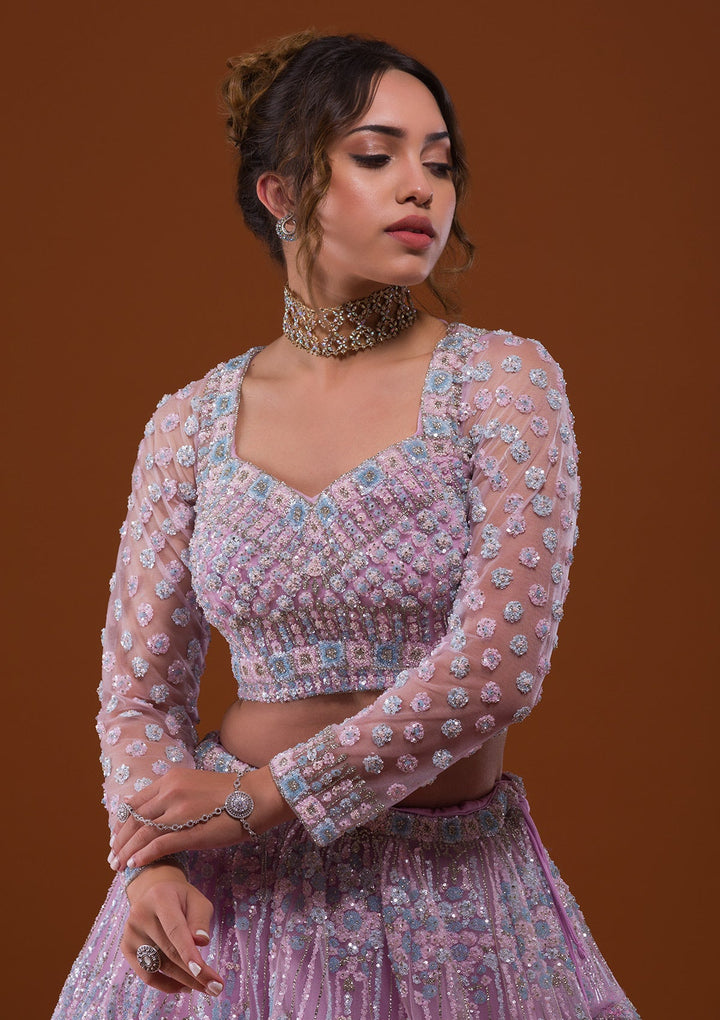 Lavender Silver Stonework Net Designer Lehenga-Koskii