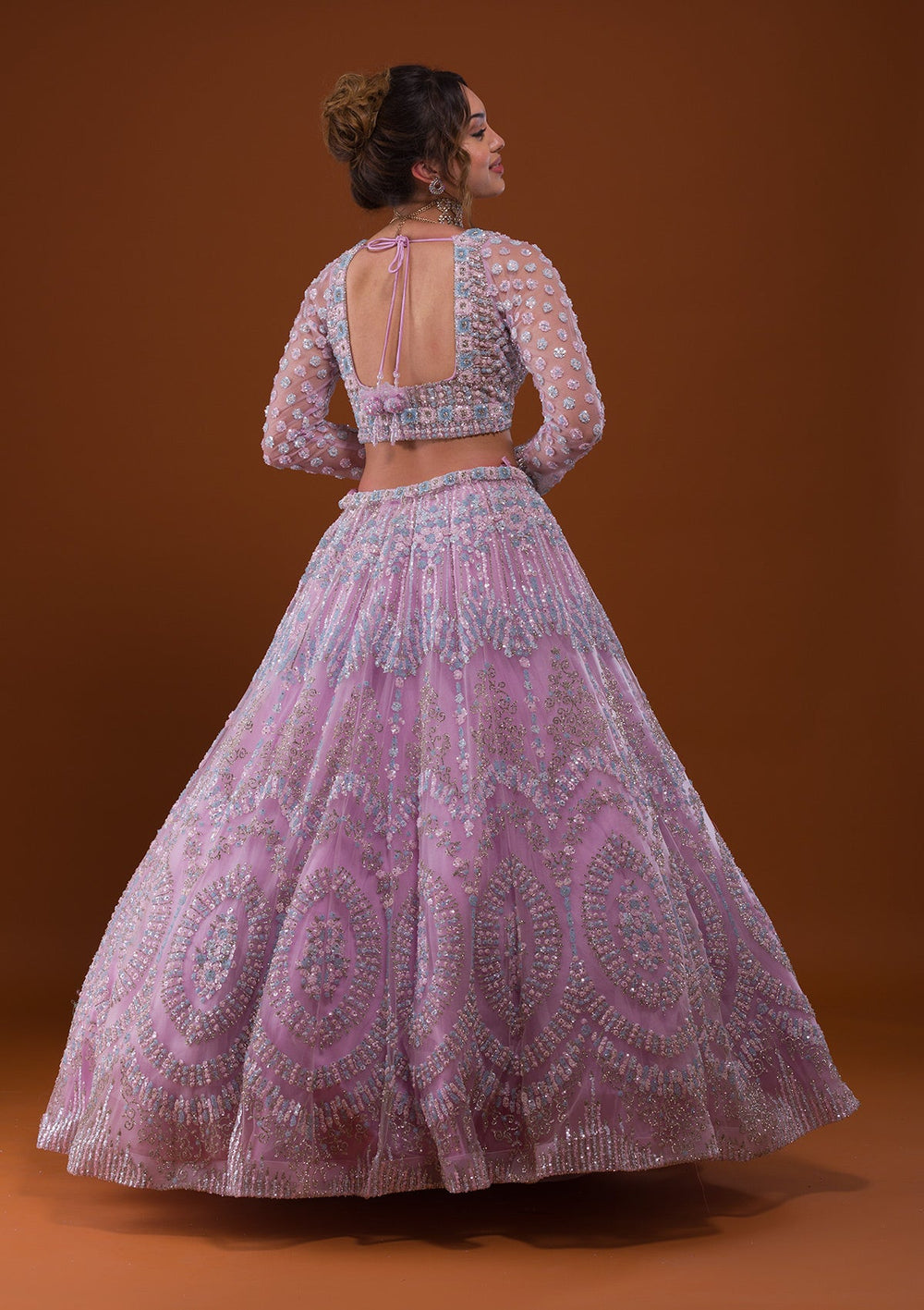 Lavender Silver Stonework Net Designer Lehenga-Koskii