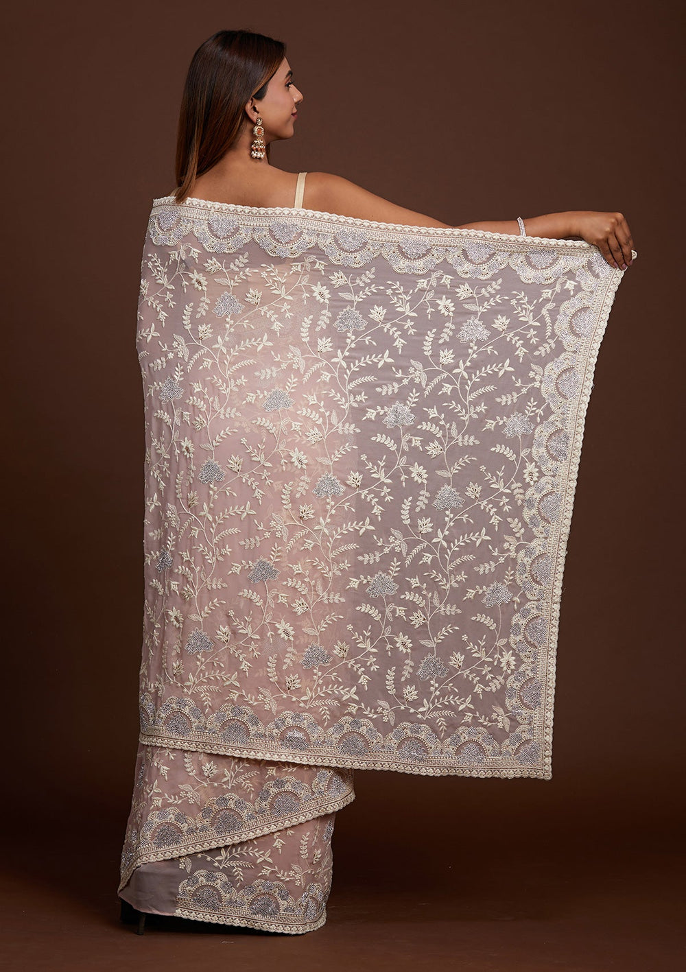 Lavender Silver Stonework Net Saree-Koskii