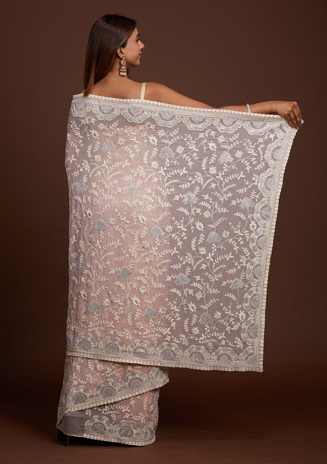 Lavender Silver Stonework Net Saree-Koskii