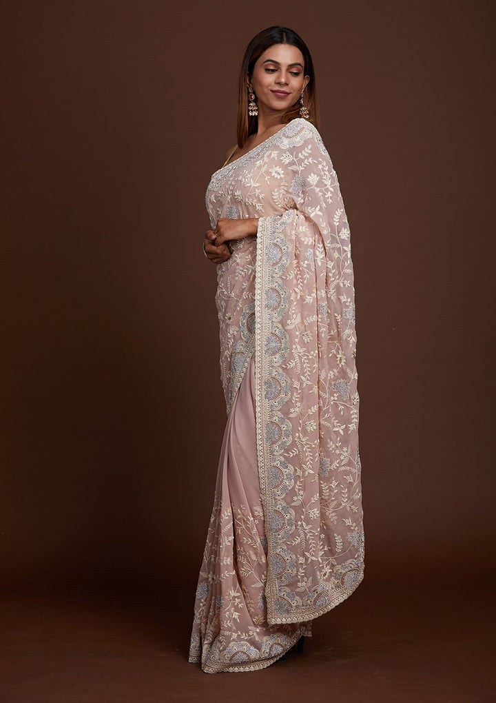 Lavender Silver Stonework Net Saree-Koskii