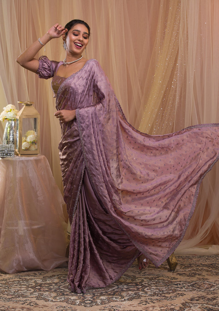 Lavender Silver Stonework Crepe Saree-Koskii