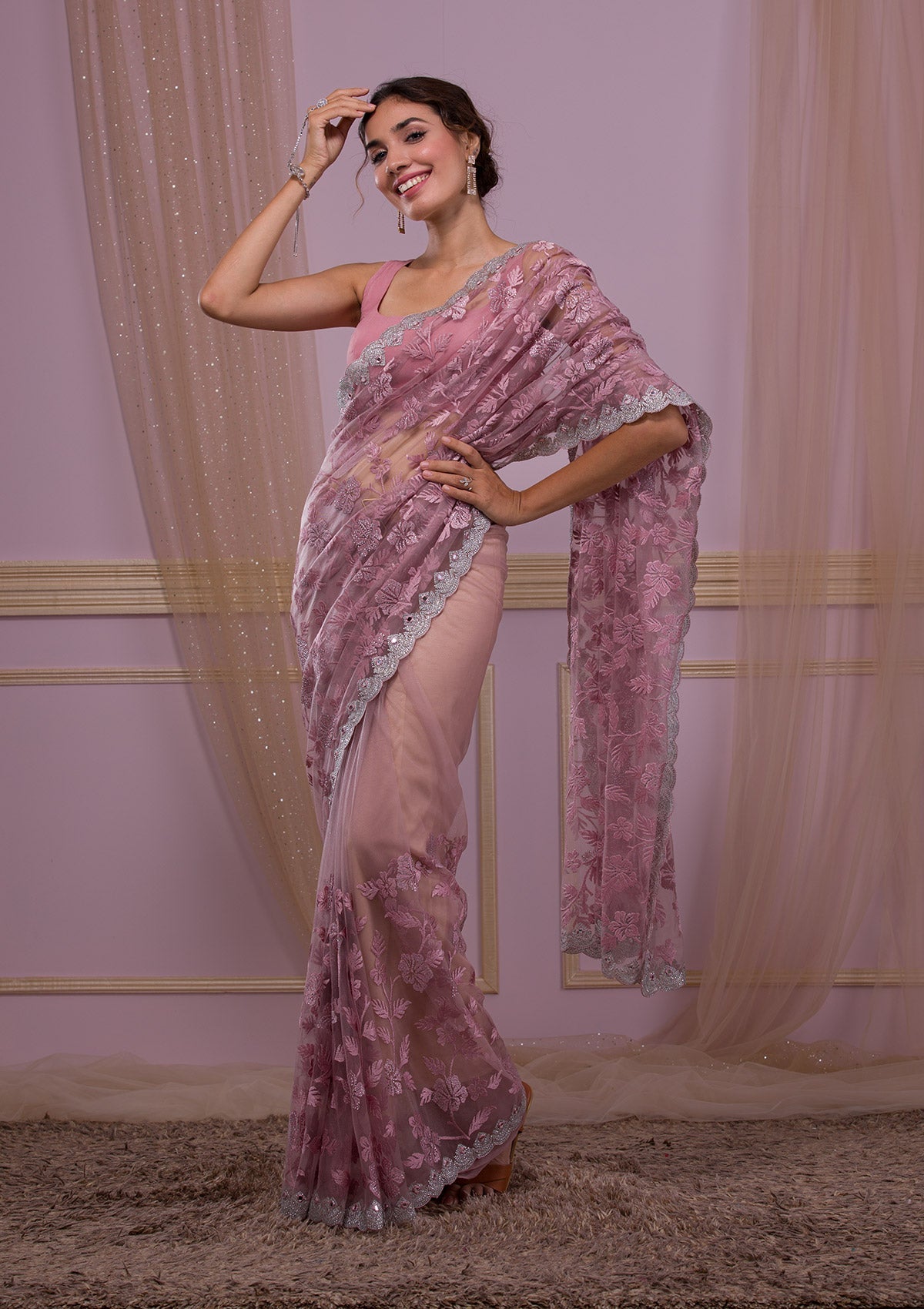 Lavender Stonework Net Saree-Koskii