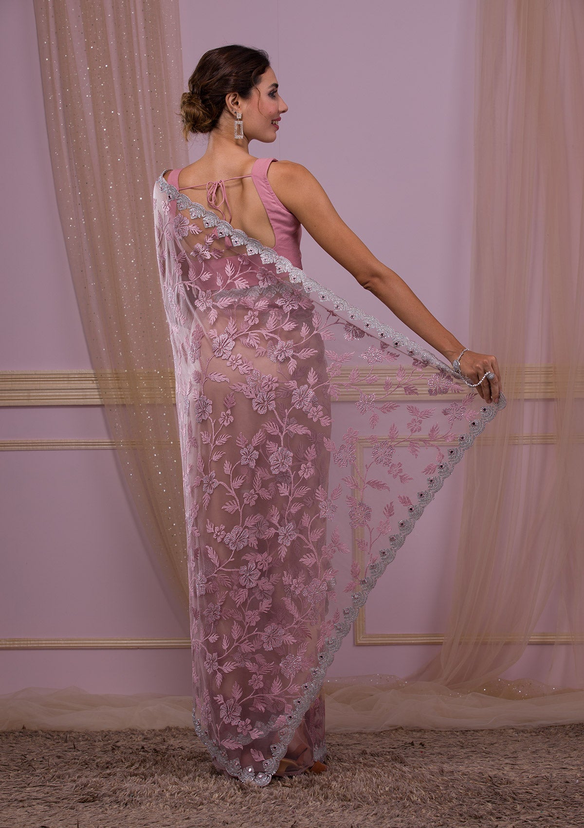 Lavender Stonework Net Saree-Koskii