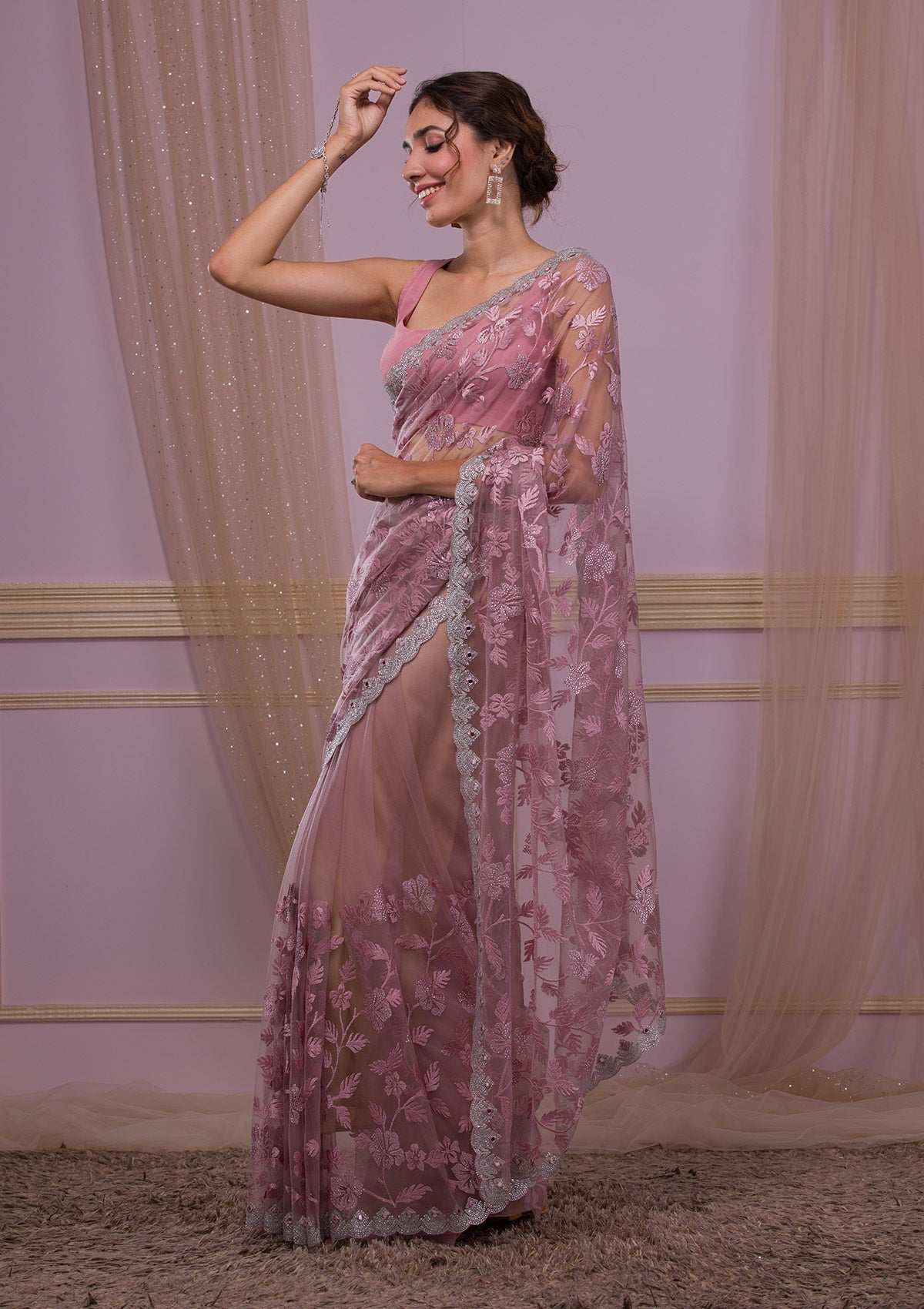 Lavender Stonework Net Saree-Koskii