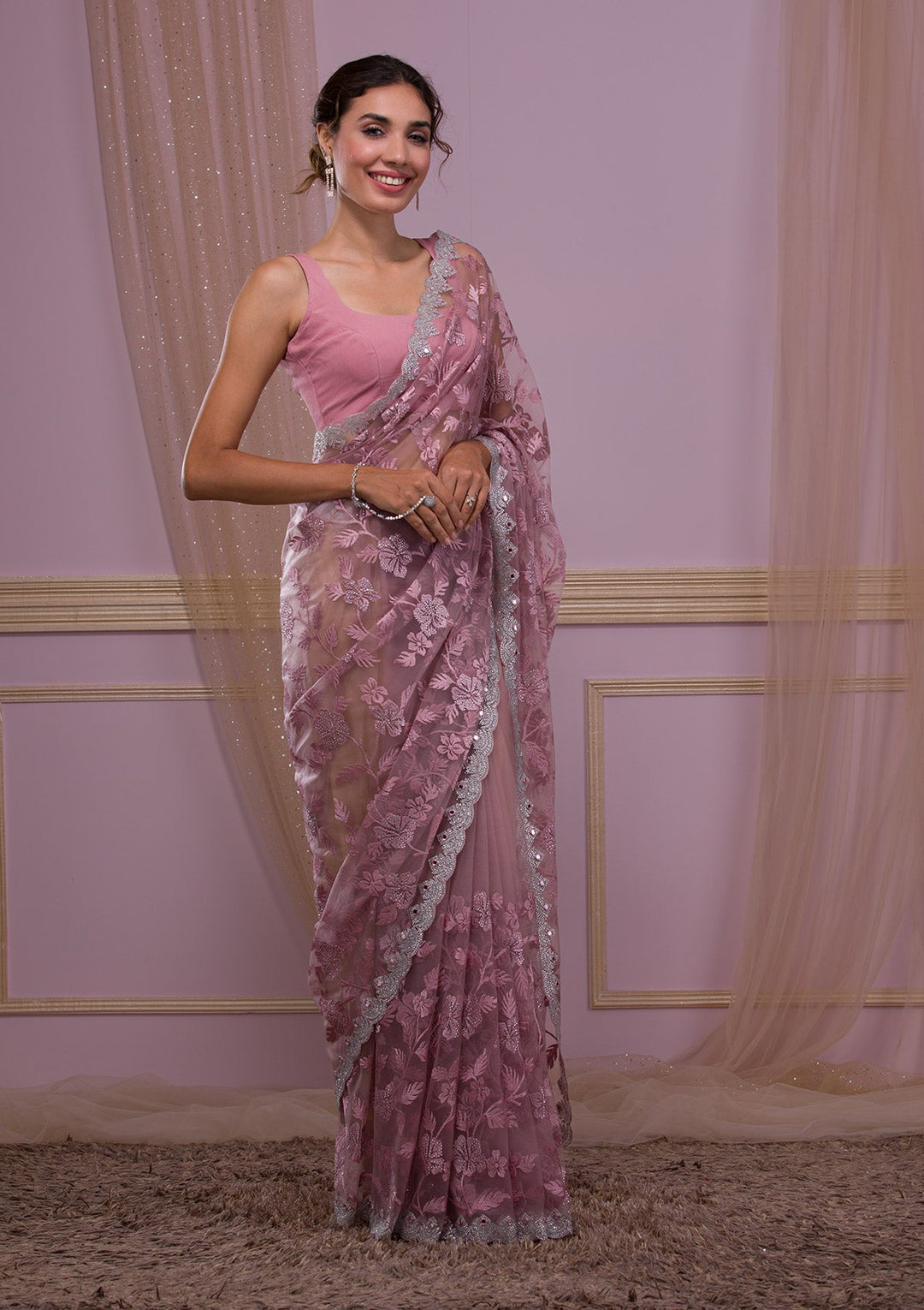 Lavender Stonework Net Saree-Koskii