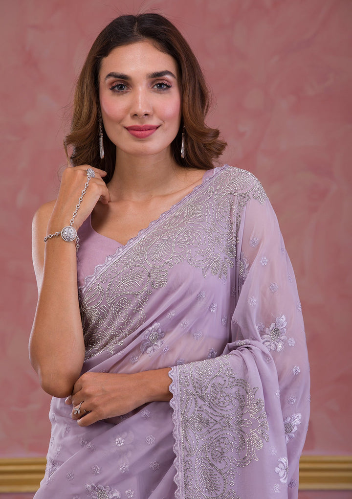 Wine Sequins Work Raw Silk Designer Saree-Koskii