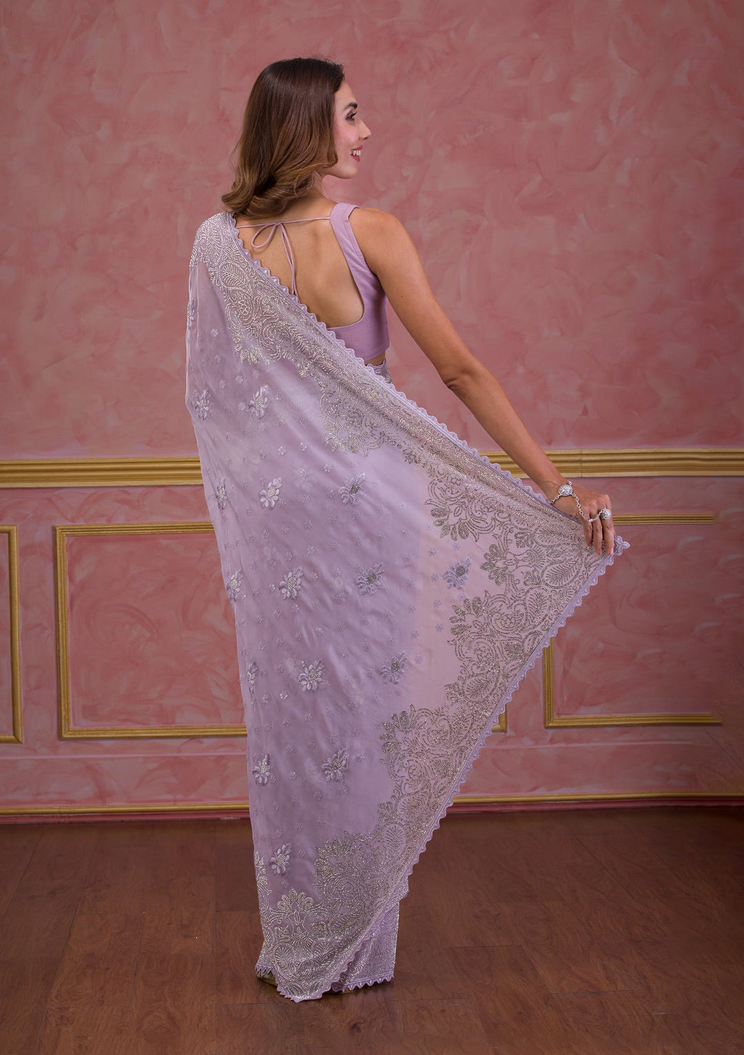 Wine Sequins Work Raw Silk Designer Saree-Koskii