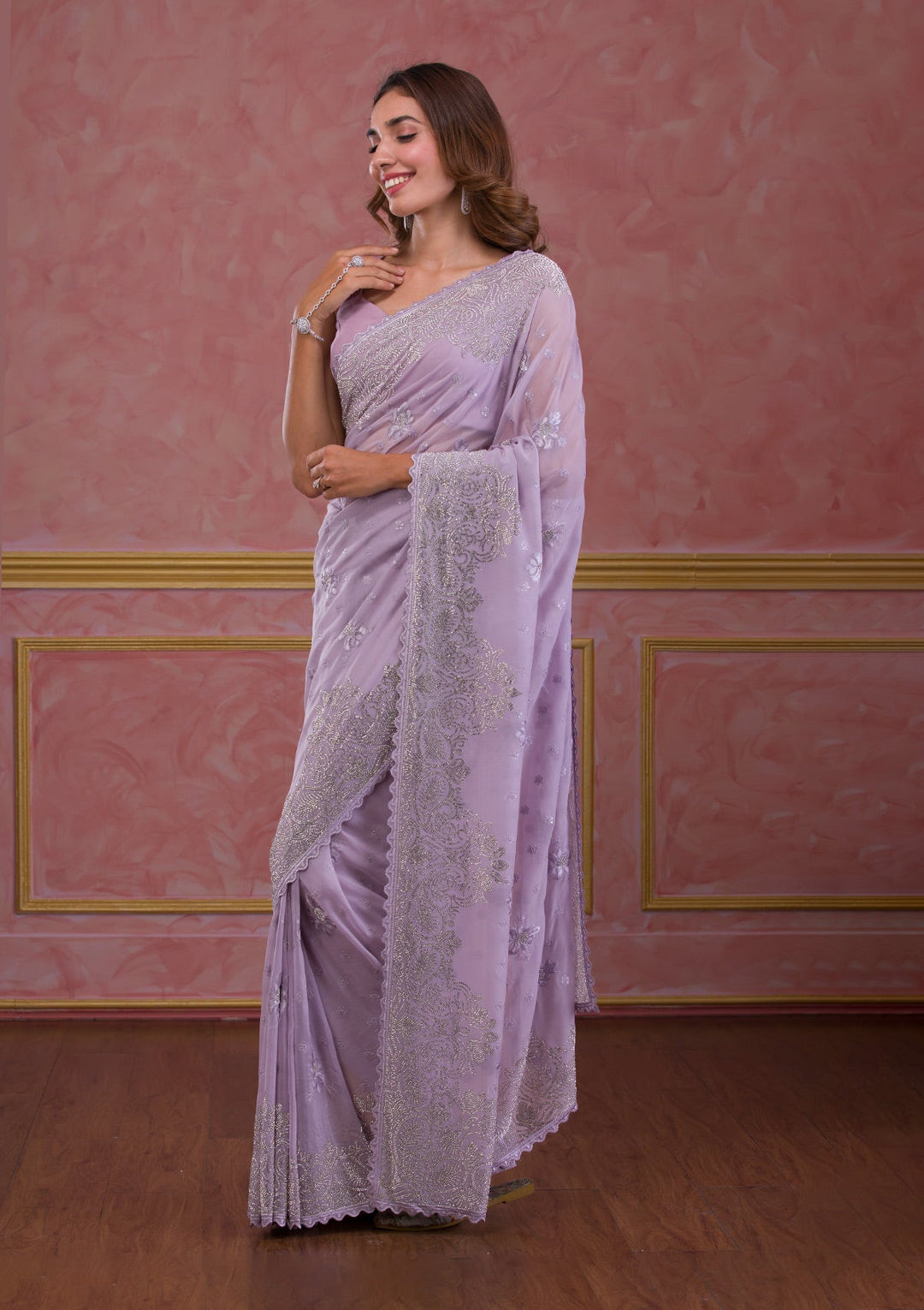 Wine Sequins Work Raw Silk Designer Saree-Koskii