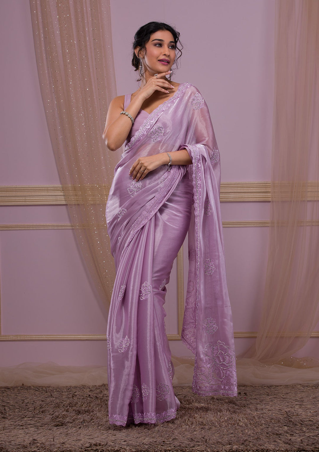 Lavender Stonework Shimmer Saree-Koskii