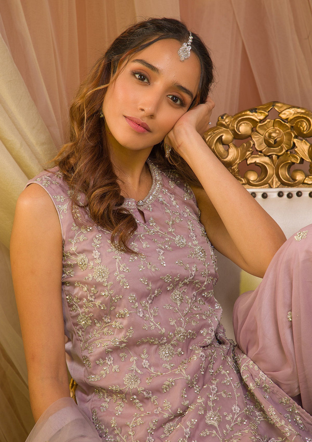 Lavender Stonework Tissue Readymade Salwar Kameez-Koskii