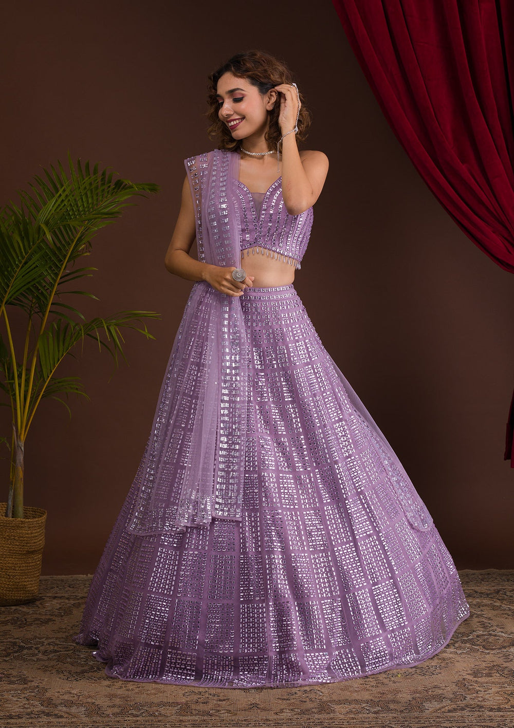 Lavender Stonework Net Readymade Lehenga-Koskii