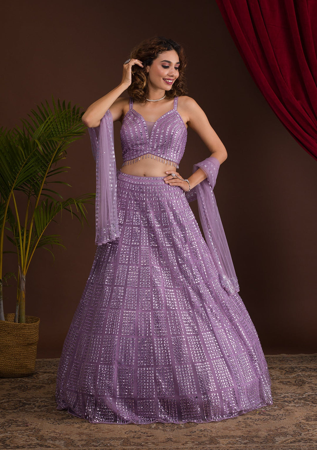 Lavender Stonework Net Readymade Lehenga-Koskii
