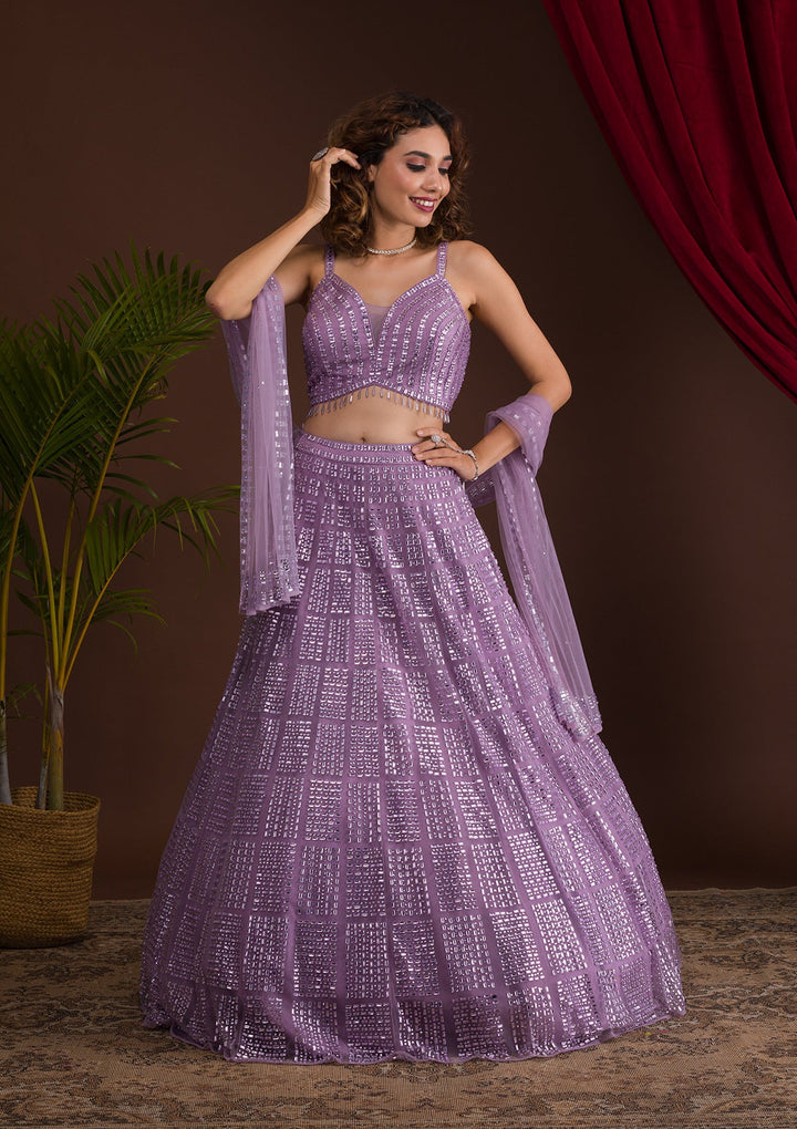 Lavender Stonework Net Readymade Lehenga-Koskii