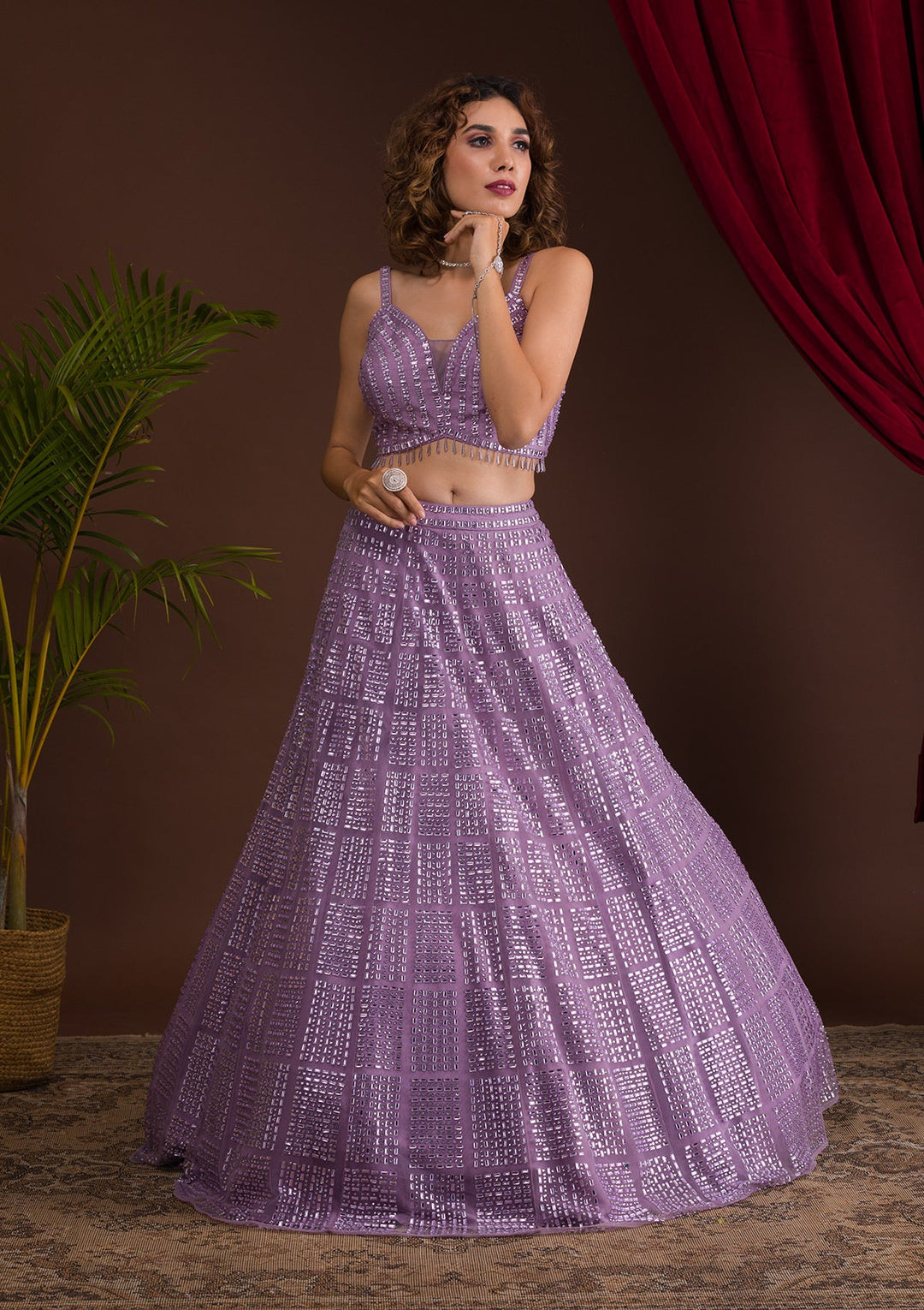 Lavender Stonework Net Readymade Lehenga-Koskii
