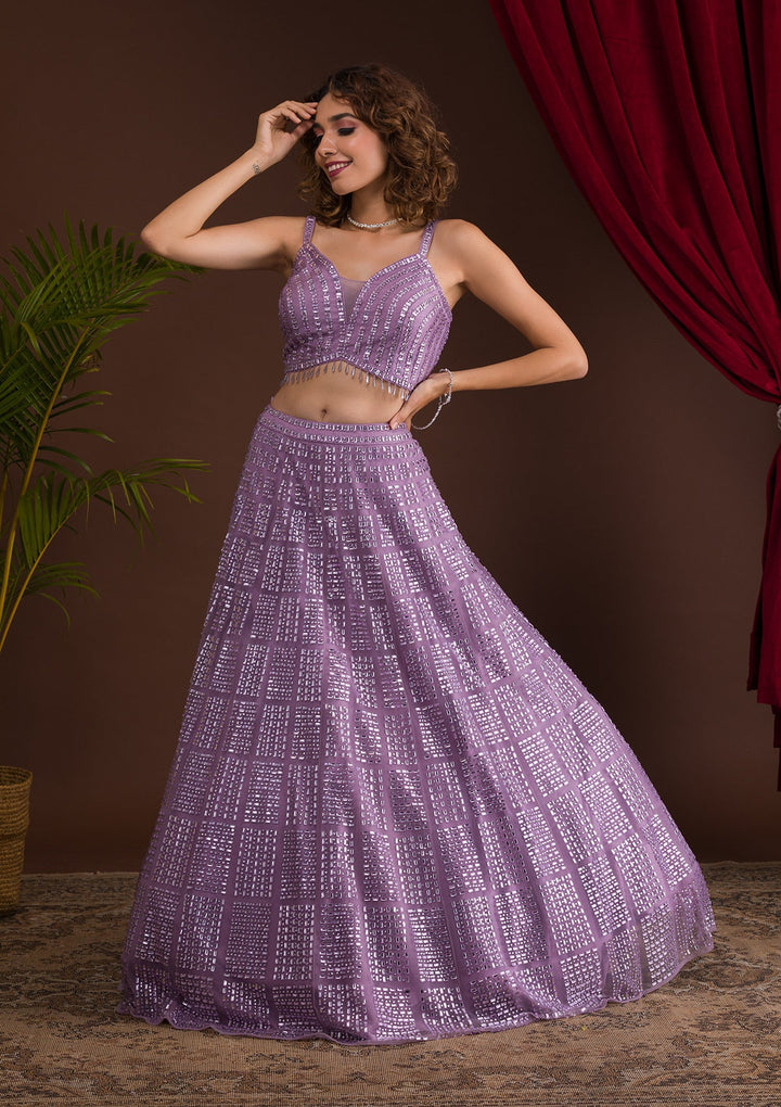 Lavender Stonework Net Readymade Lehenga-Koskii