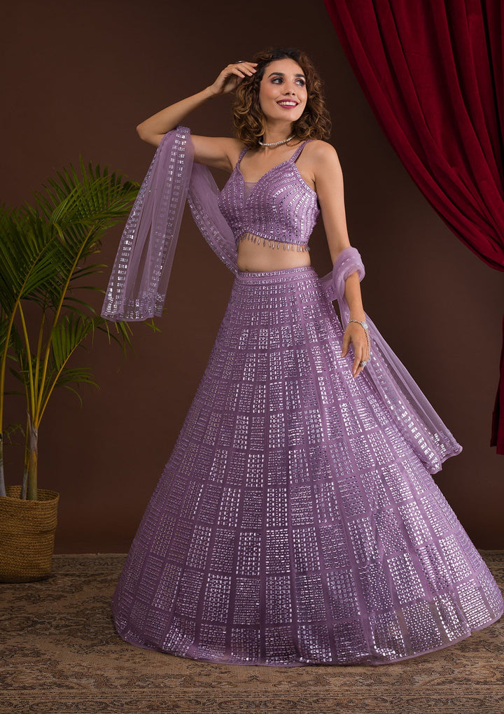 Lavender Stonework Net Readymade Lehenga-Koskii