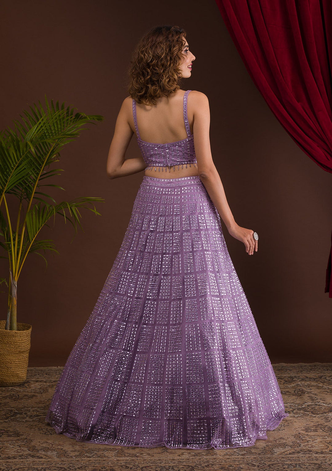 Lavender Stonework Net Readymade Lehenga-Koskii