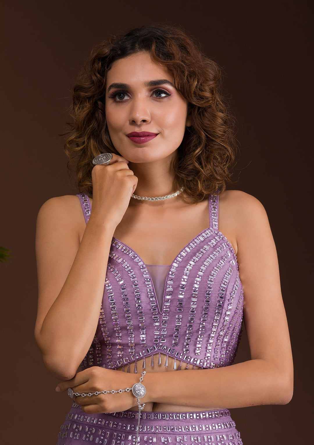 Lavender Stonework Net Readymade Lehenga-Koskii