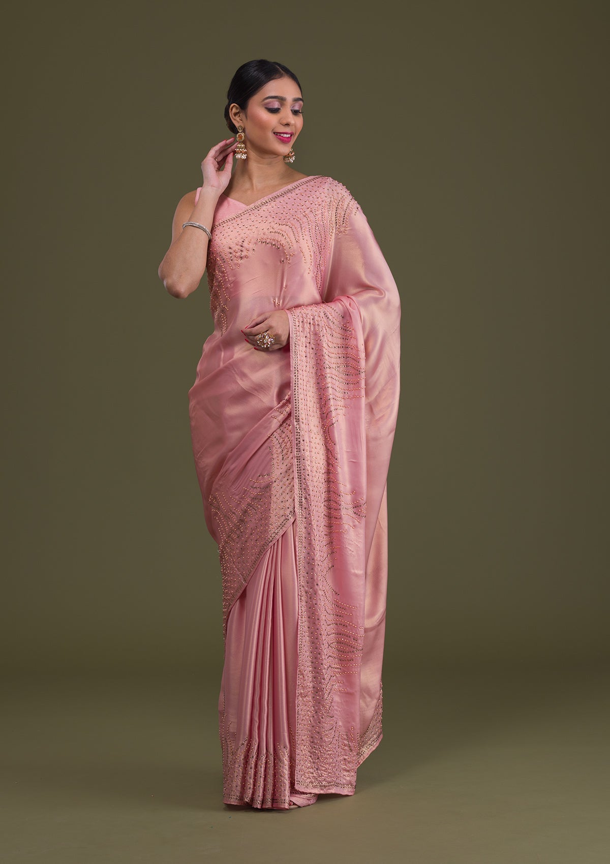 Onion Pink Stonework Satin Saree-Koskii