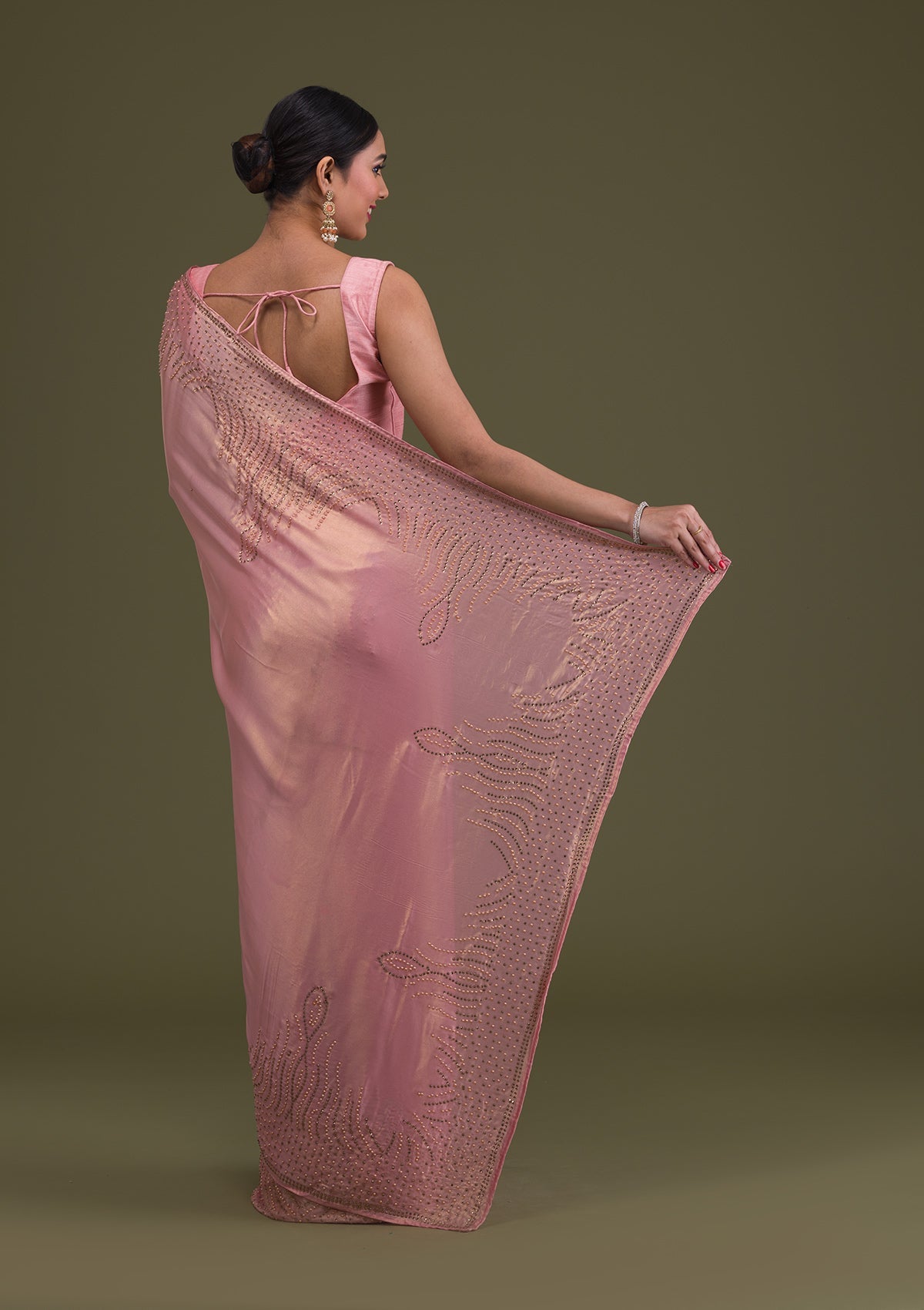 Onion Pink Stonework Satin Saree-Koskii