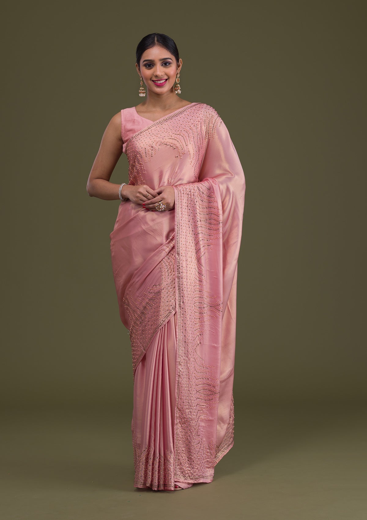 Onion Pink Stonework Satin Saree-Koskii