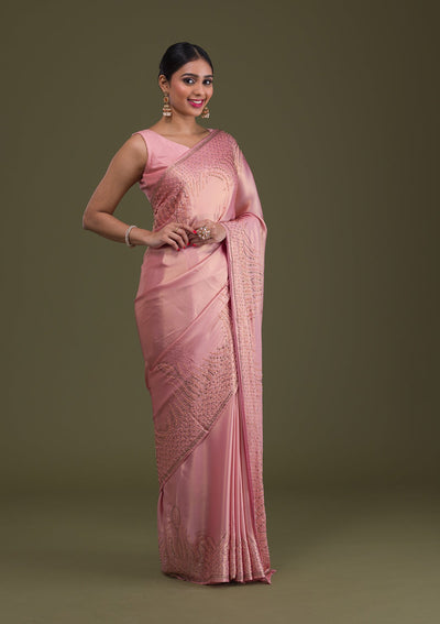 Onion Pink Stonework Satin Saree-Koskii