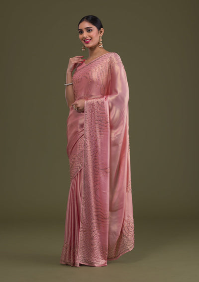 Onion Pink Stonework Satin Saree-Koskii