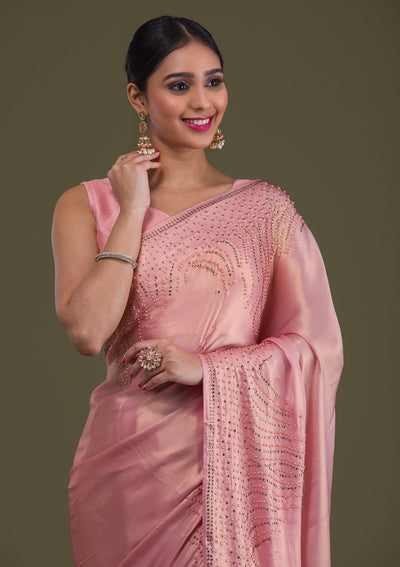 Onion Pink Stonework Satin Saree-Koskii