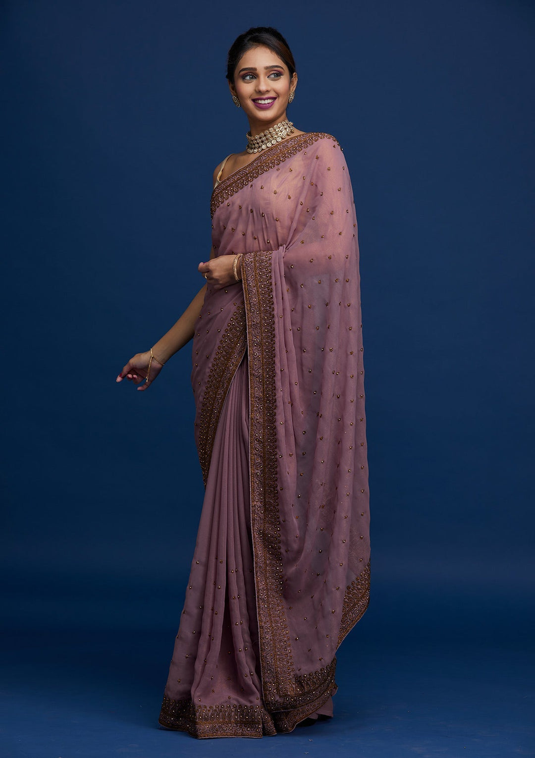 Lavender Stonework Shimmer Saree - Koskii