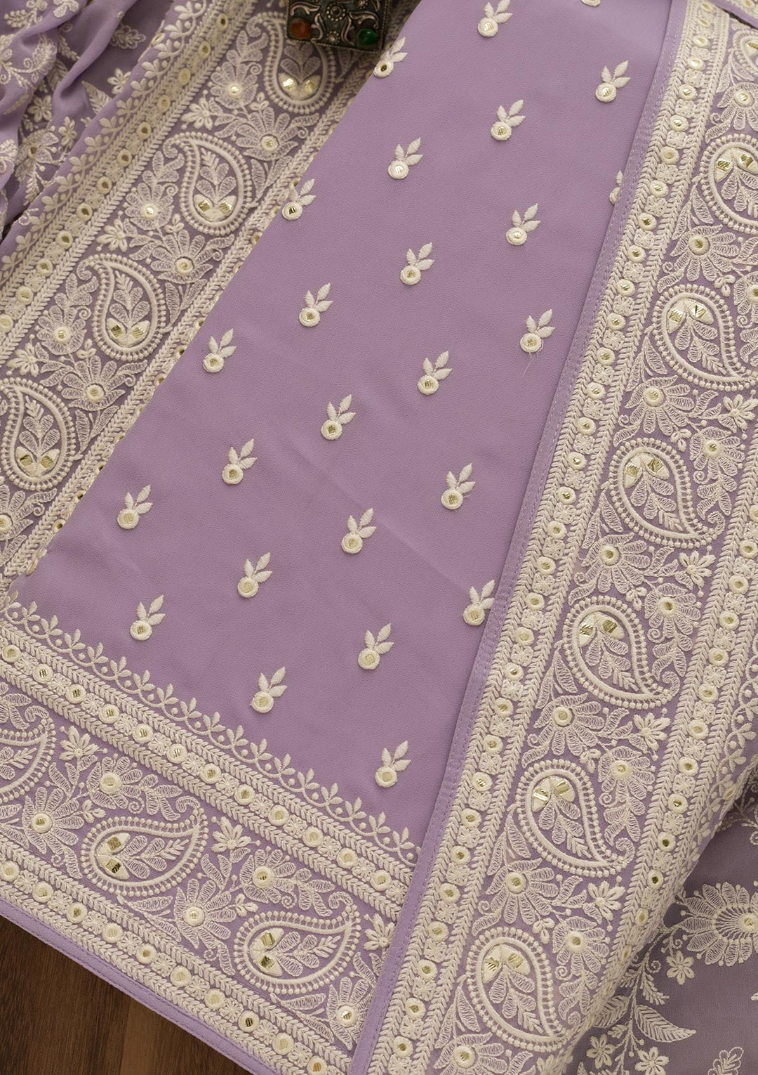 Lavender Threadwork Georgette Unstitched Salwar Suit-Koskii