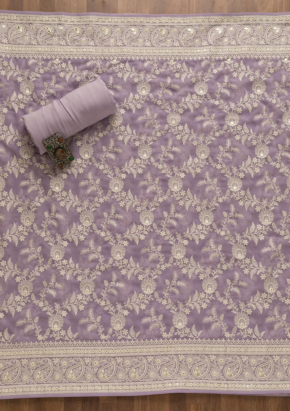 Lavender Threadwork Georgette Unstitched Salwar Suit-Koskii