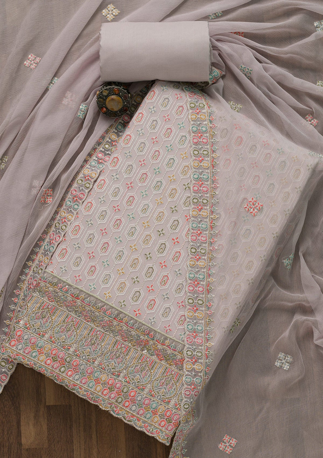 Lavender Threadwork Georgette Unstitched Salwar Suit-Koskii