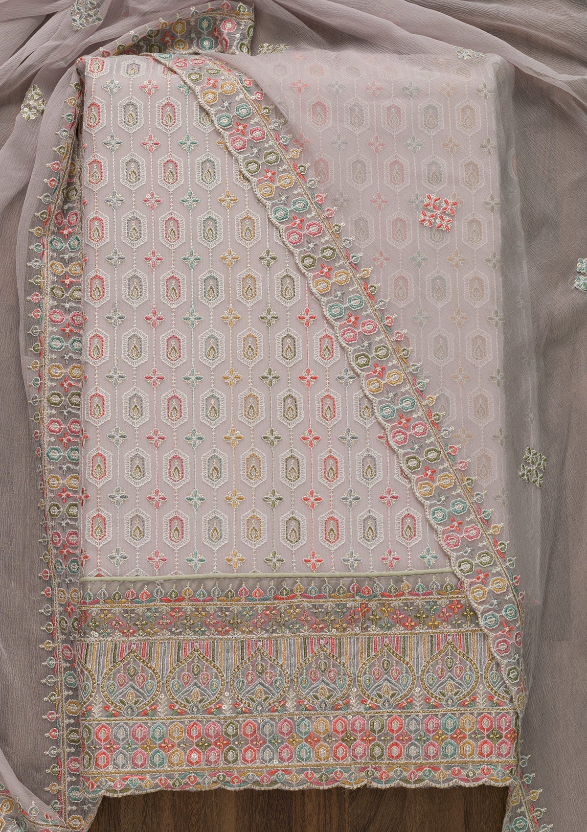 Lavender Threadwork Georgette Unstitched Salwar Suit-Koskii