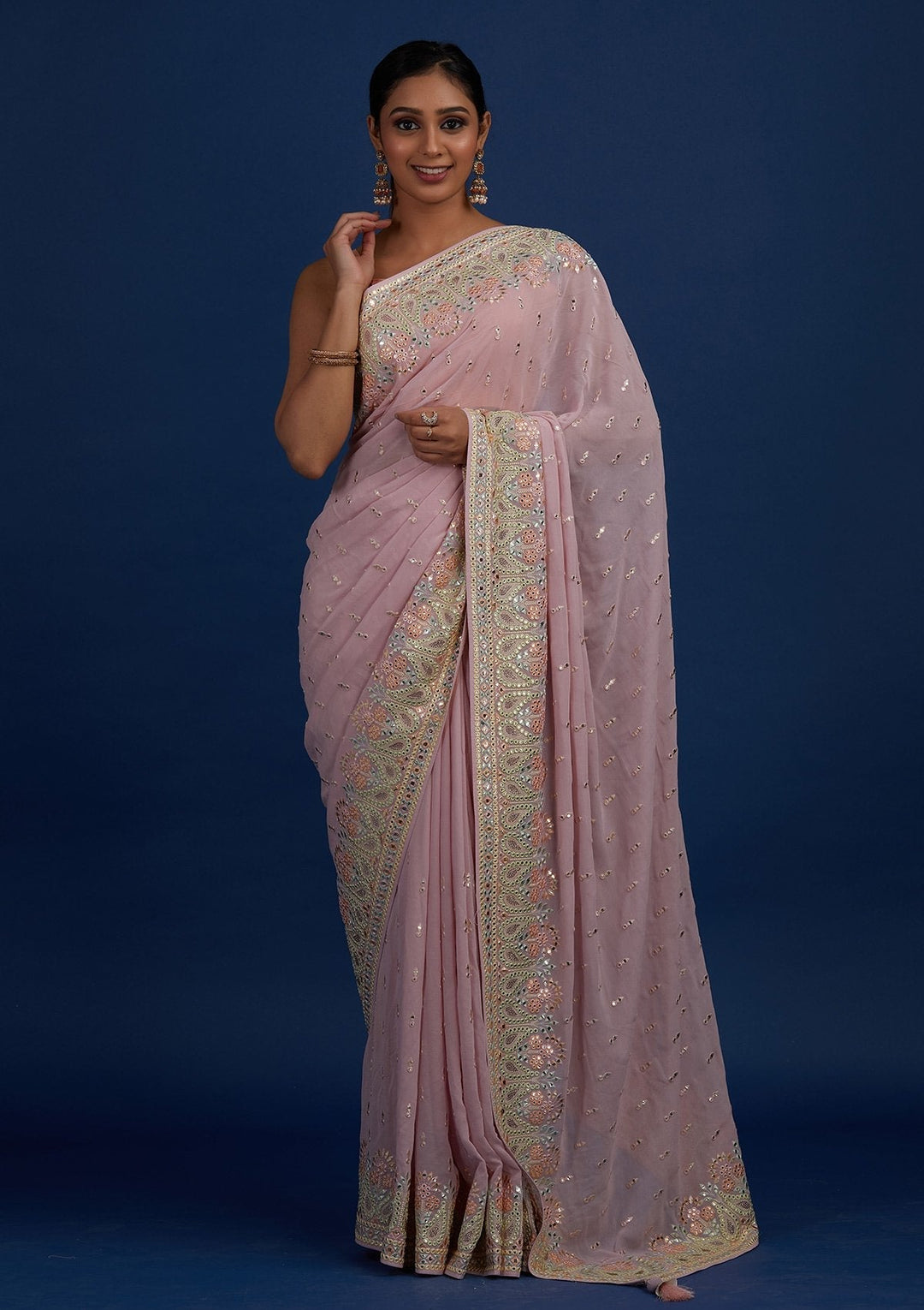 Lavender Threadwork Georgette Designer Saree - Koskii