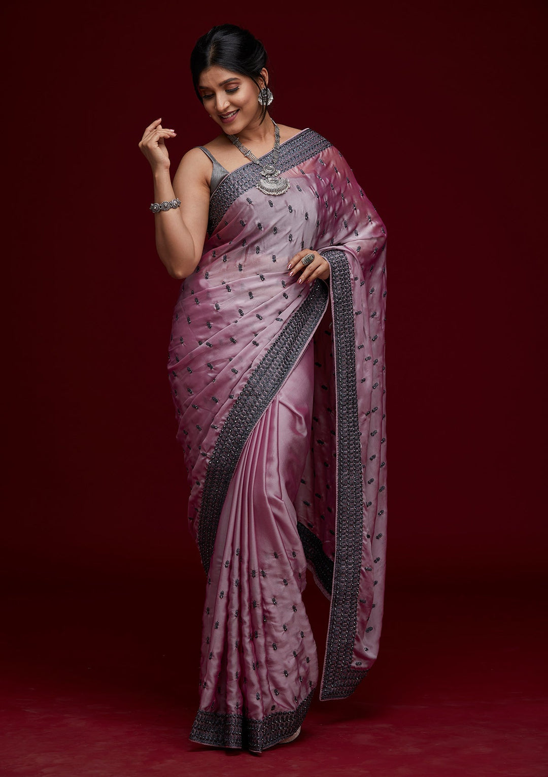 Lavender Threadwork Georgette Saree - Koskii