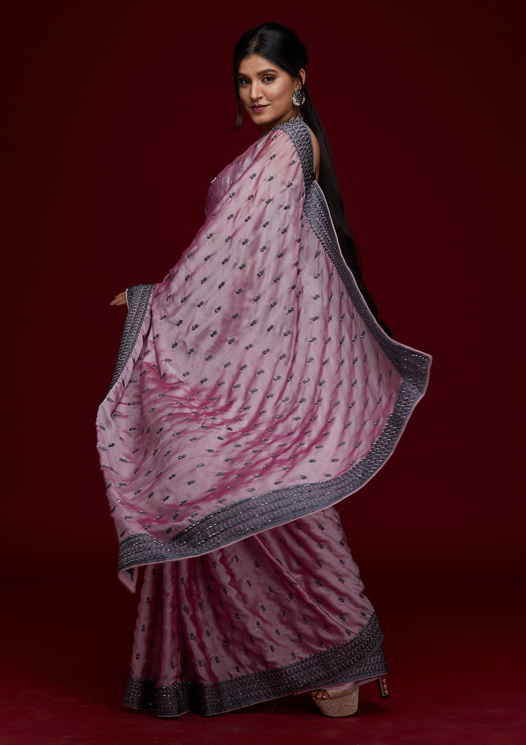 Lavender Threadwork Georgette Saree - Koskii