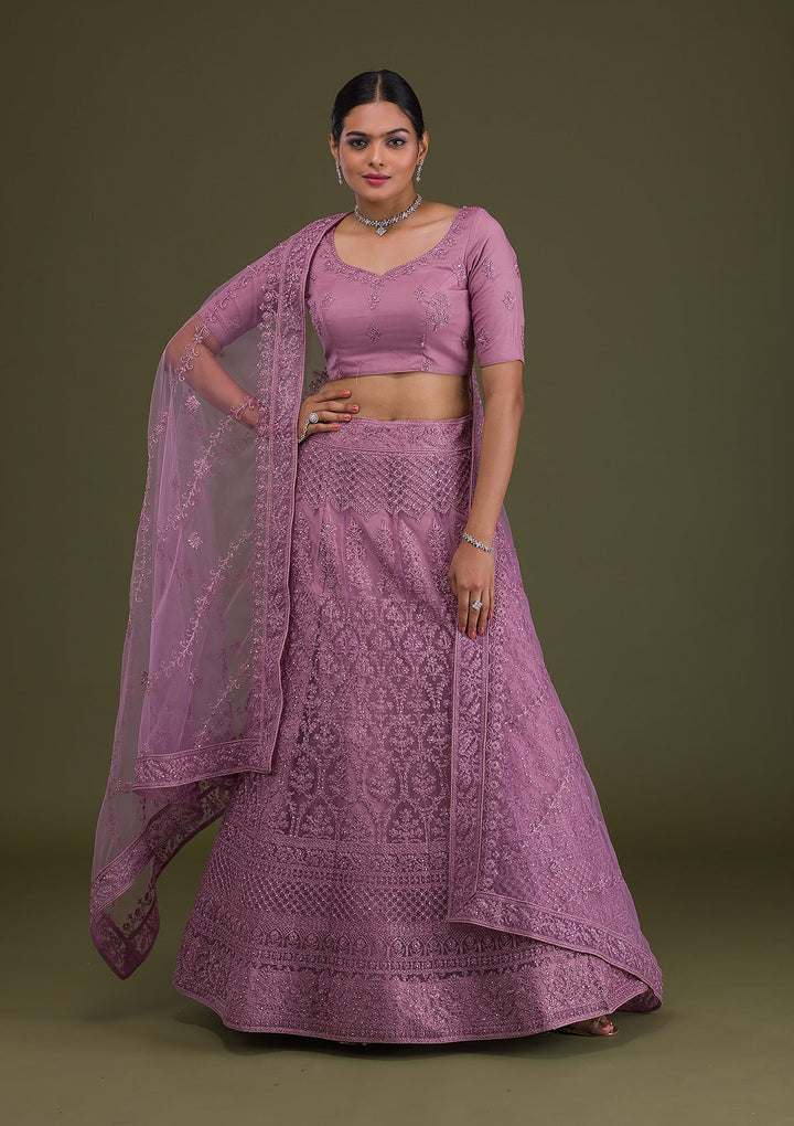 Lavender Threadwork Net Semi Stitched Lehenga-Koskii