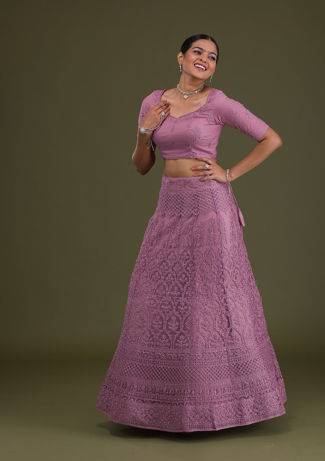 Lavender Threadwork Net Semi Stitched Lehenga-Koskii