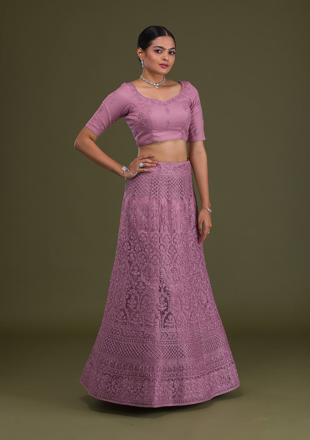 Lavender Threadwork Net Semi Stitched Lehenga-Koskii