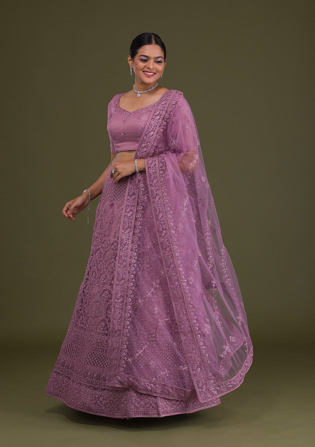 Lavender Threadwork Net Semi Stitched Lehenga-Koskii