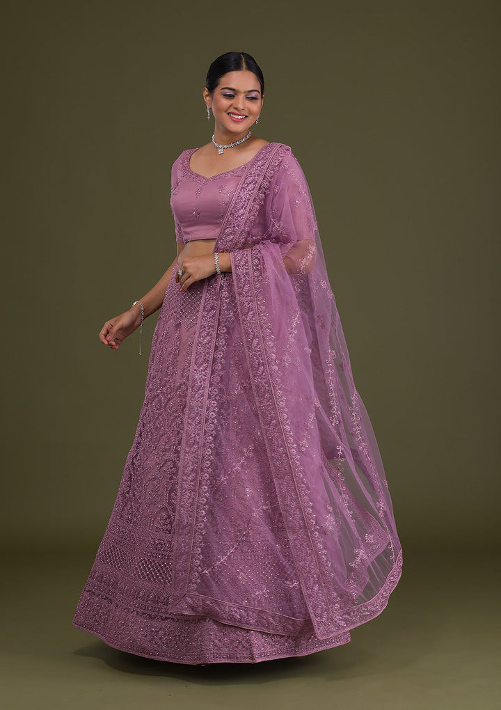 Lavender Threadwork Net Semi Stitched Lehenga-Koskii