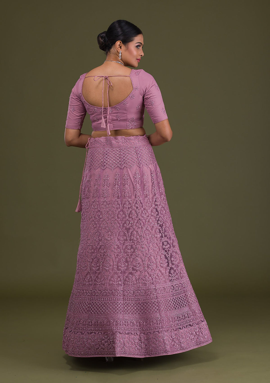 Lavender Threadwork Net Semi Stitched Lehenga-Koskii