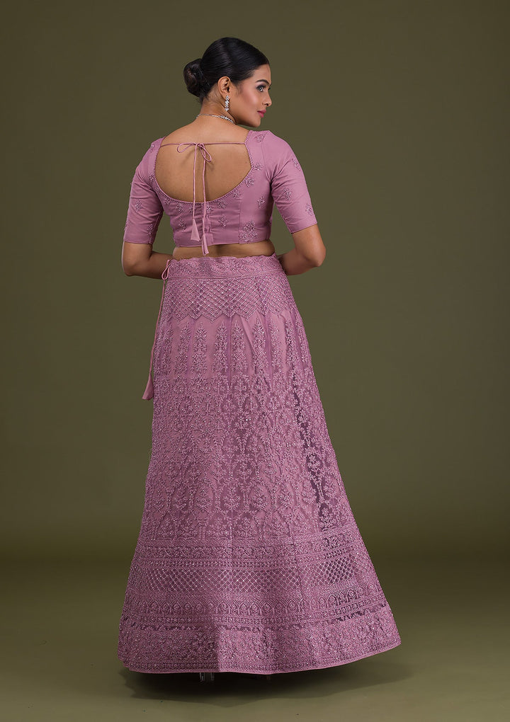 Lavender Threadwork Net Semi Stitched Lehenga-Koskii
