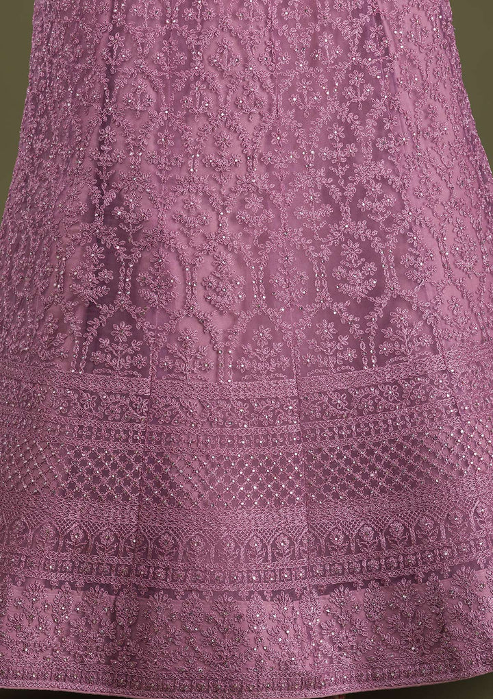 Lavender Threadwork Net Semi Stitched Lehenga-Koskii