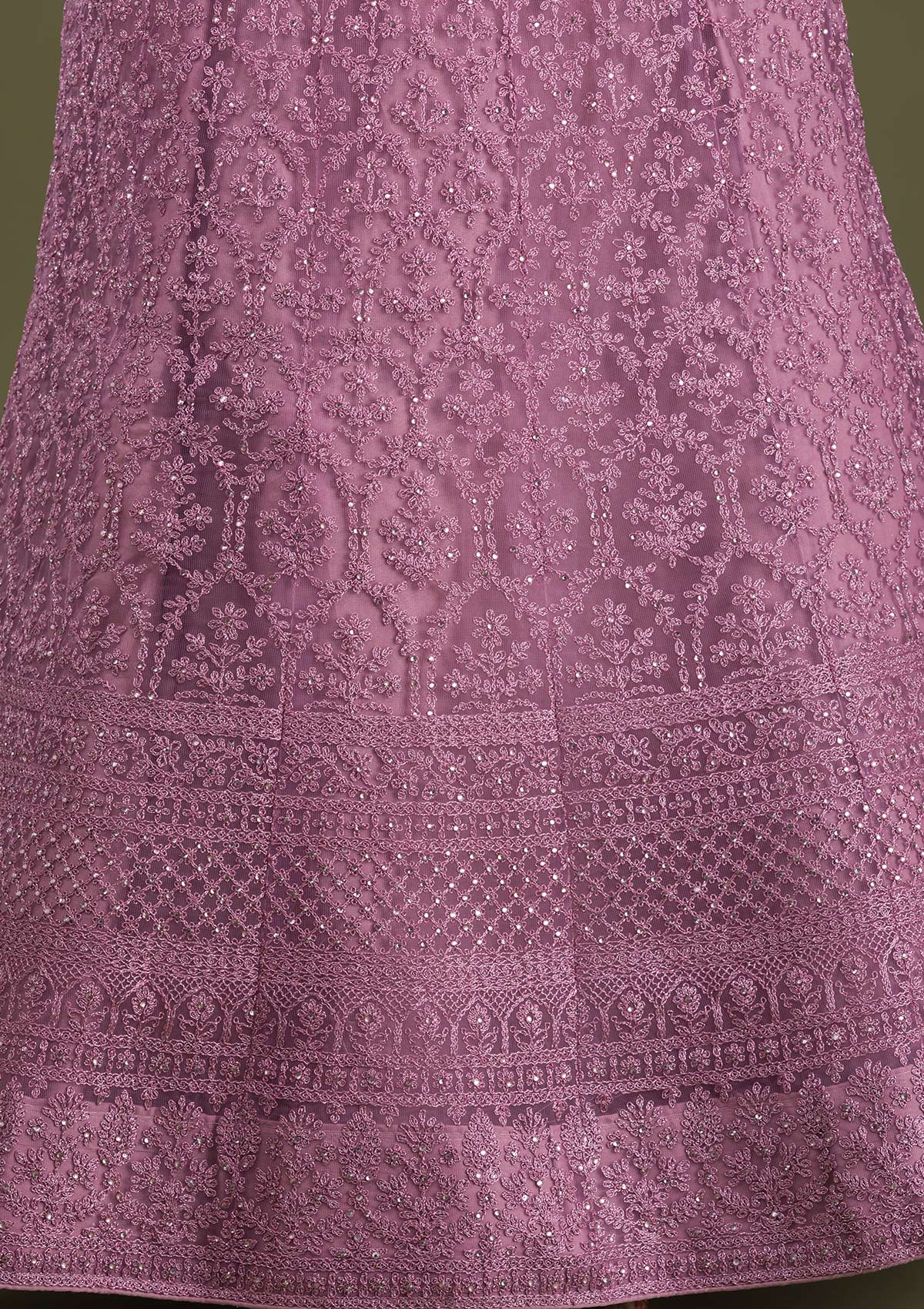 Lavender Threadwork Net Semi Stitched Lehenga-Koskii