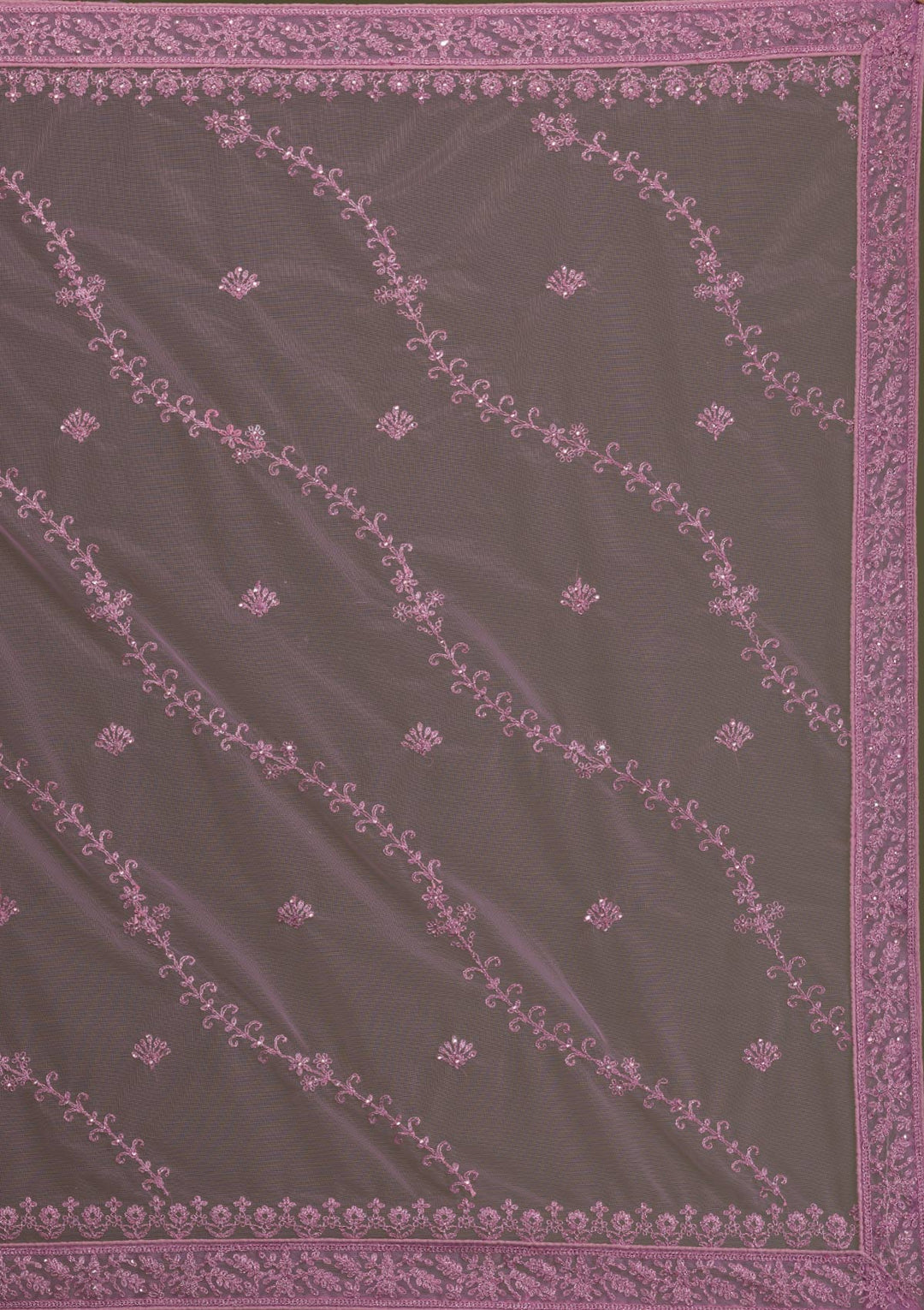 Lavender Threadwork Net Semi Stitched Lehenga-Koskii