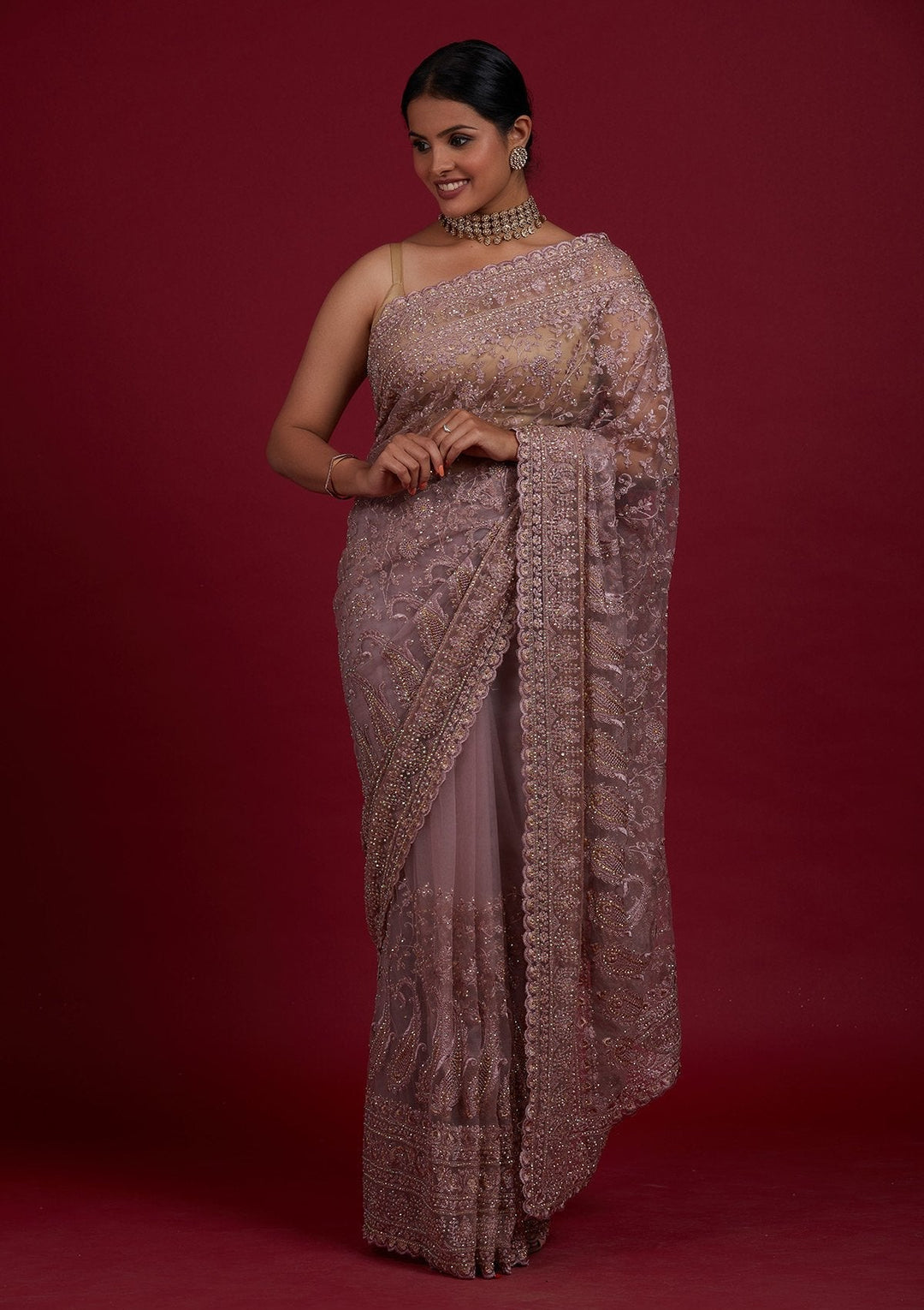 Lavender Threadwork Net Designer Saree - Koskii
